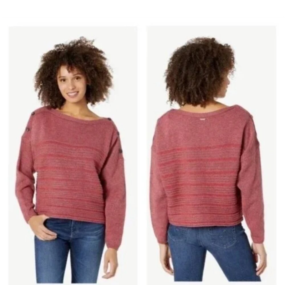 Prana Phono Sweater Brick Red Pink Striped Wool Button Cropped Oversized Med M